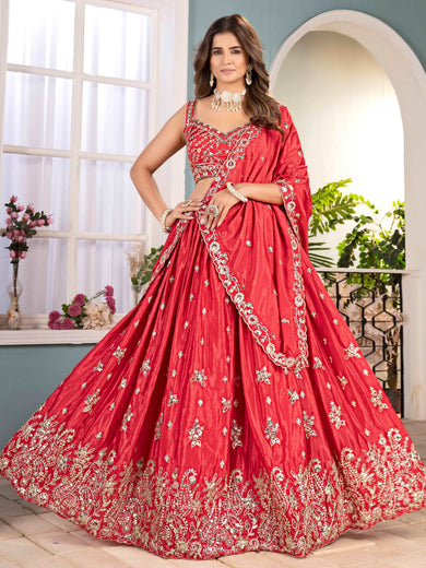 Fabulous Red Chinon Embroidered Sequins Wedding Lehenga Choli